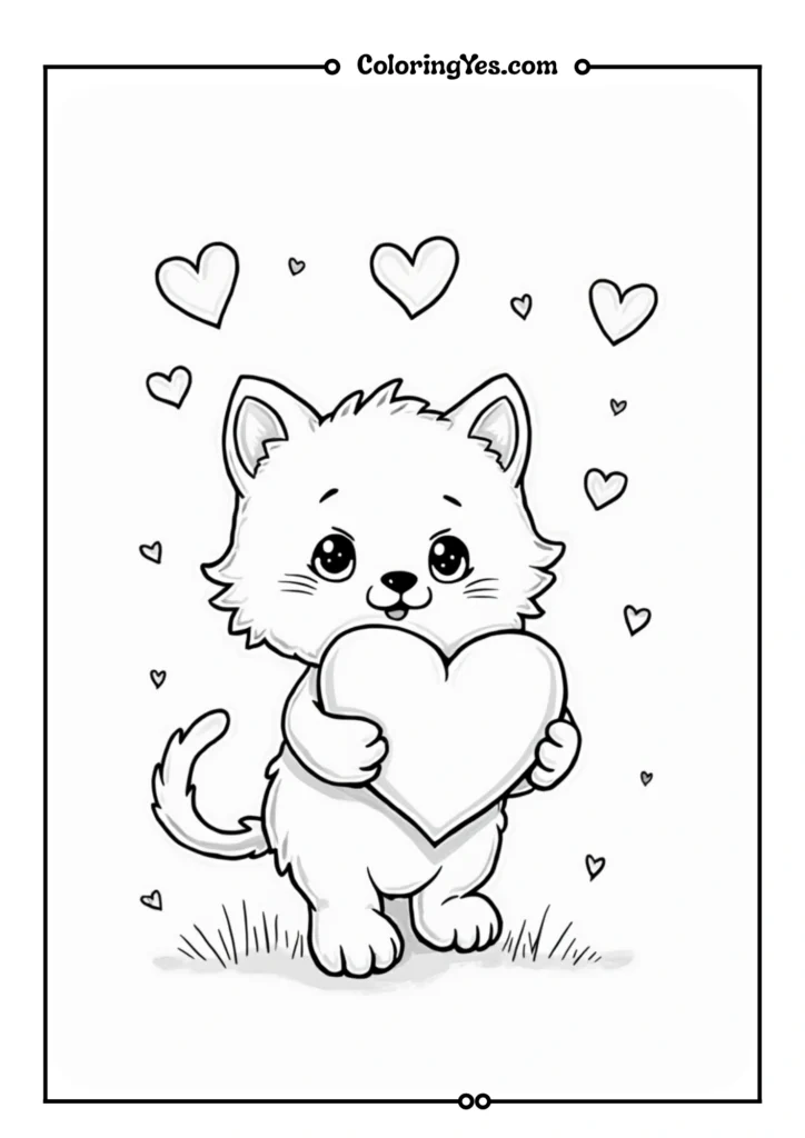 Adorable kitten holding a large heart