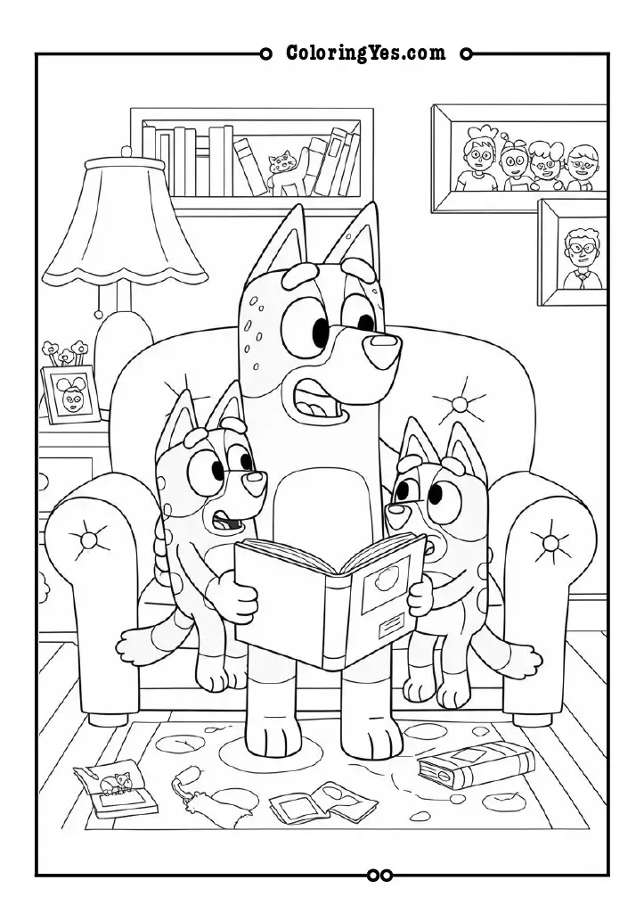 Bandit reading a bedtime story to Bluey and Bingo