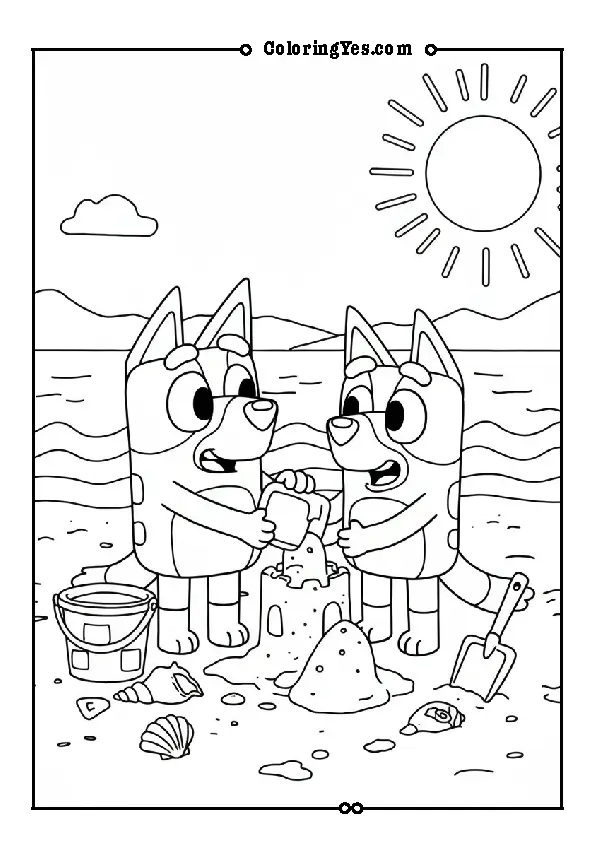 Bluey and Bingo building a sandcastle