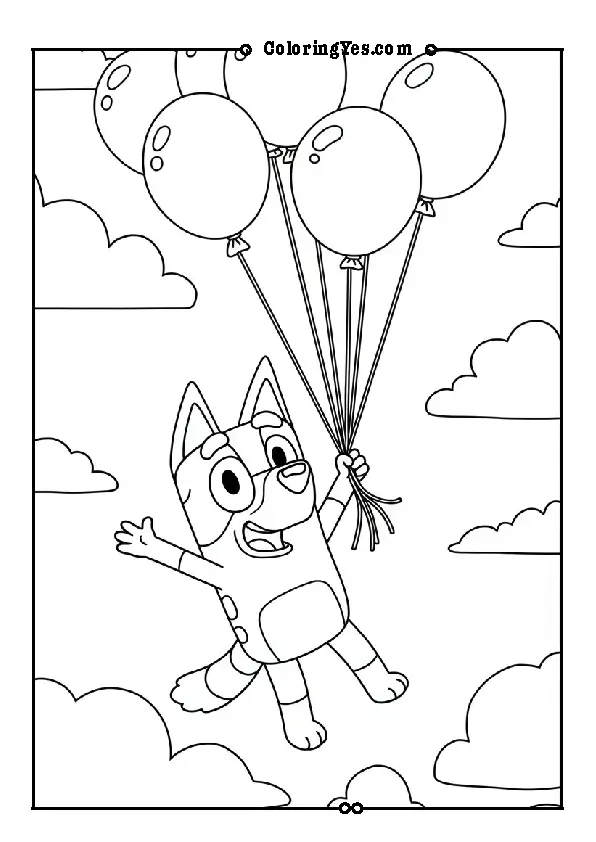 Bluey coloring pages flying with balloons 