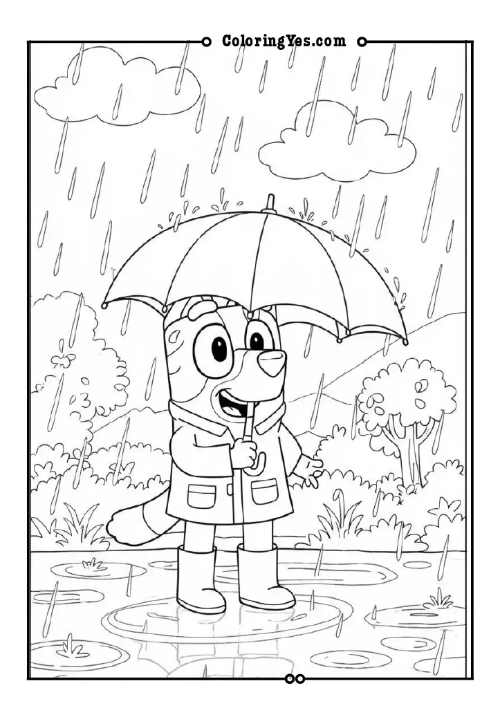 Bluey holding an umbrella in the rain