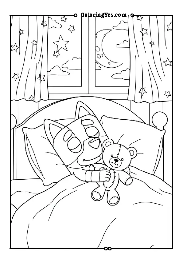 Bluey coloring pages sleeping in bed with a teddy