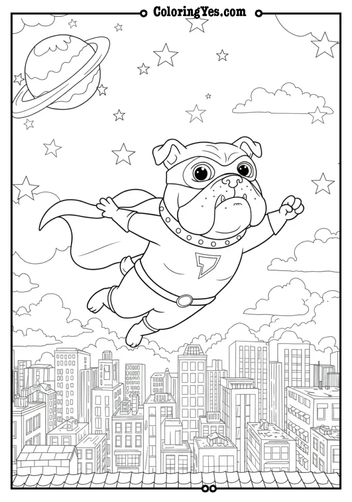 dog Coloring pages Bulldog in a superhero costume flying over cartoon city