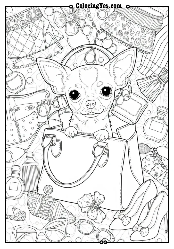 dog coloring pages Chihuahua peeking out of a handbag surrounded