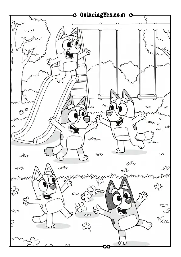 Chilli and Bandit playing with Bluey and Bingo in the-park