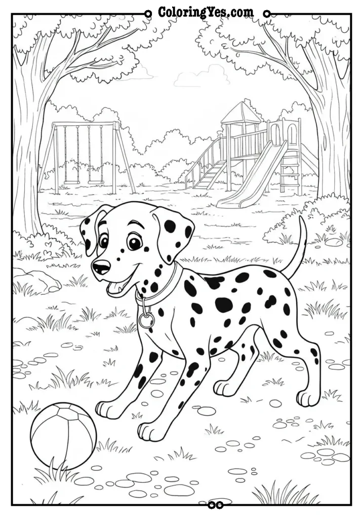 dog coloring Pages Dalmatian-dog-playing-with-a-ball-in-a-park