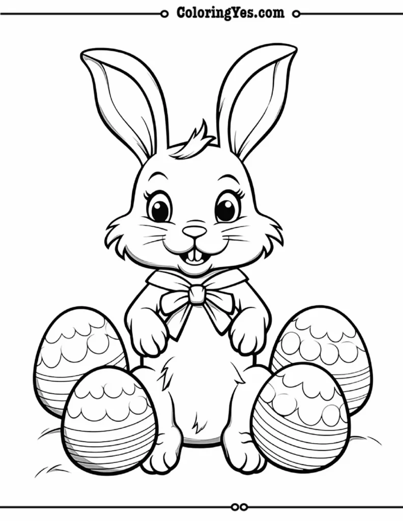 Easter coloring sheet Bunny with 4 eggs 