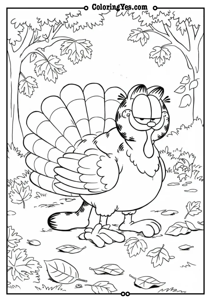 Garfield And Turkey Smiling Wide During Fall Coloring Sheet