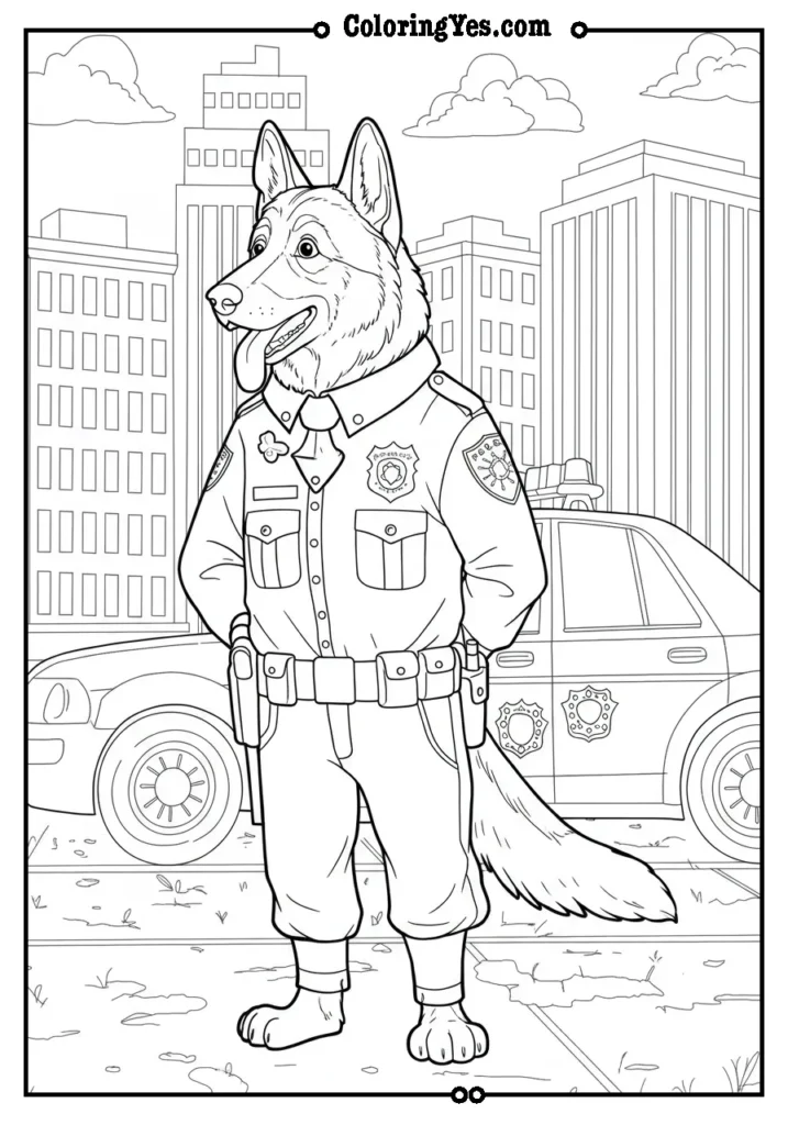 dog coloring pages German Shepherd dressed as a police officer