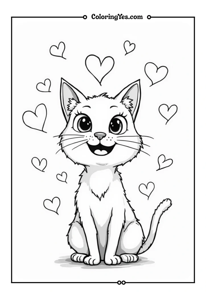 Playful cat with heart-shaped eyes and hearts