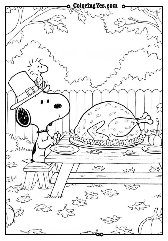 Snoopy And Woodstock Eating Thanksgiving Turkey Outdoors