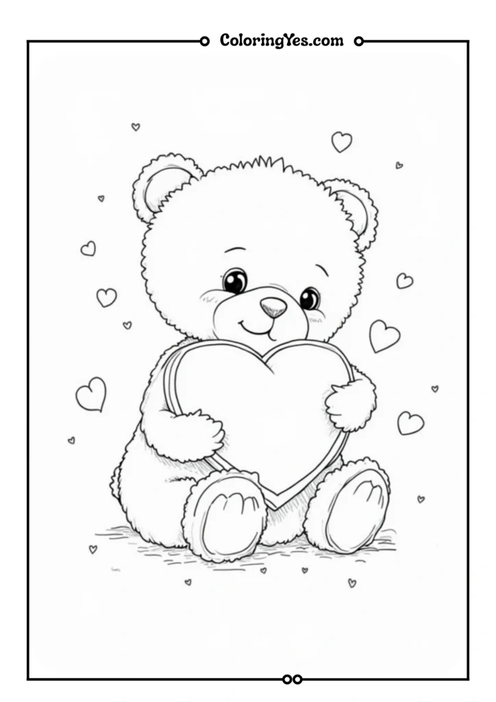 Sweet teddy bear hugging a heart pillow