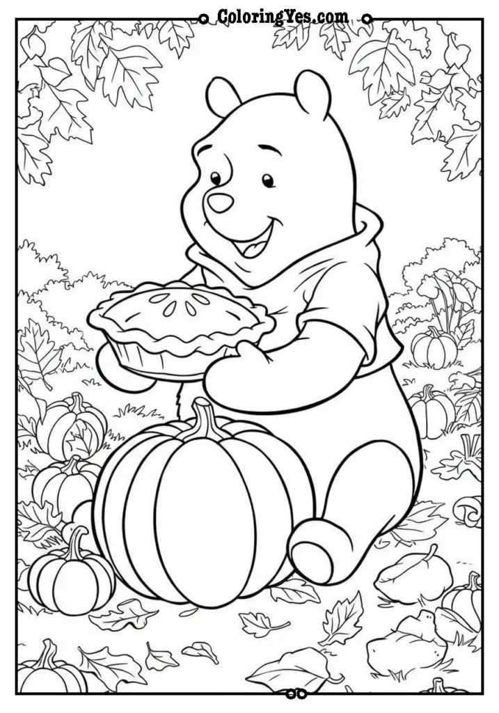 Winnie With Pooh Holding Pumpkin Pie Fall Coloring Page