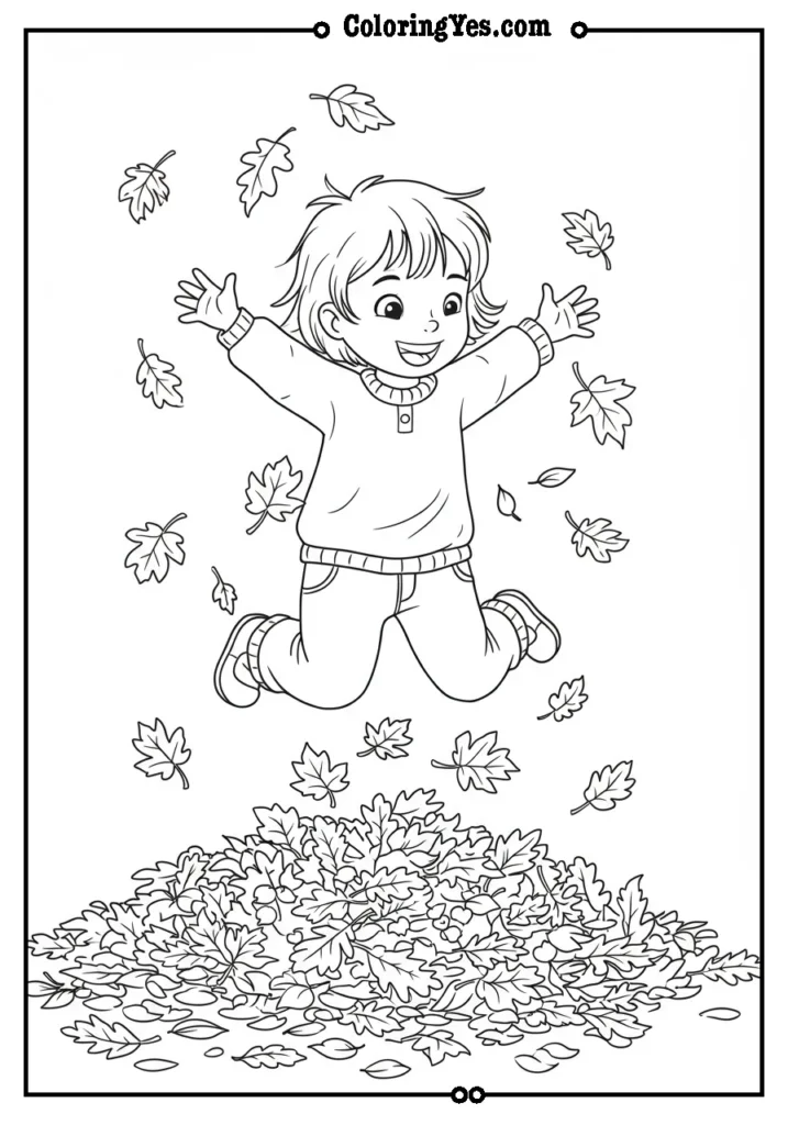 Child jumping into a pile of leaves