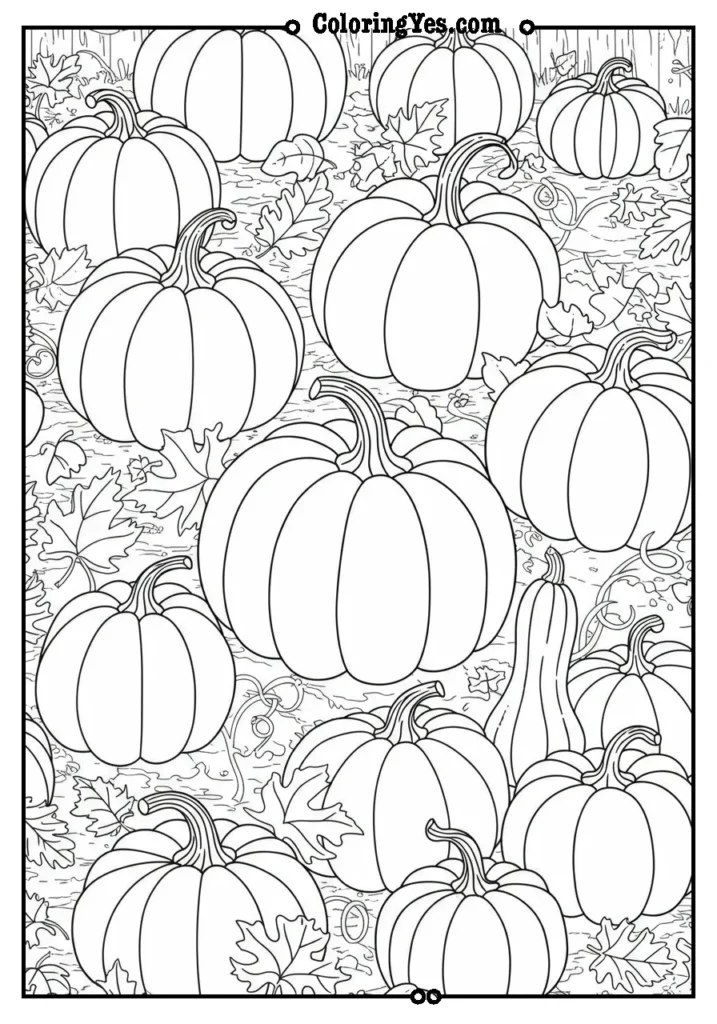 pumpkin patch with scattered leaves