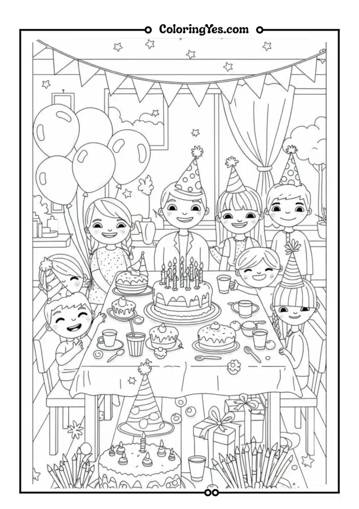 A birthday party scene with balloons and cake