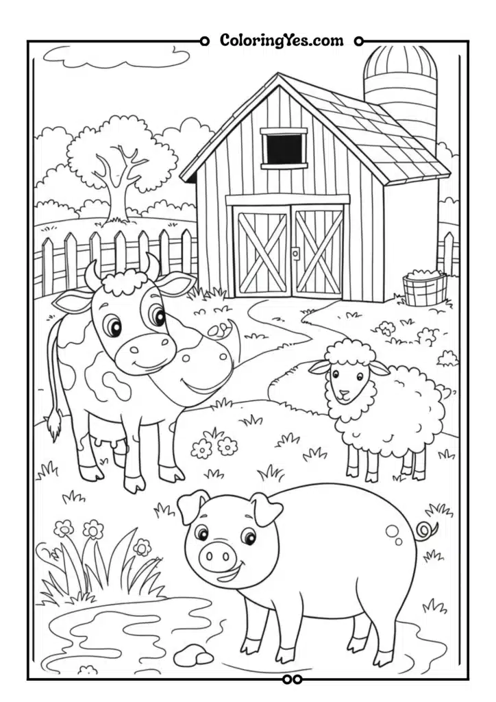 A farm scene with a cow, pig, and sheep