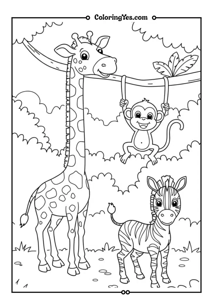 A group of jungle animals_ giraffe, monkey, zebra