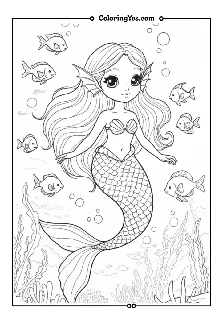A mermaid underwater with fish and seaweed