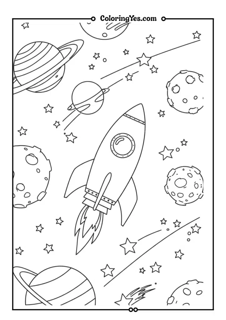 A rocket ship flying in space with planets and stars
