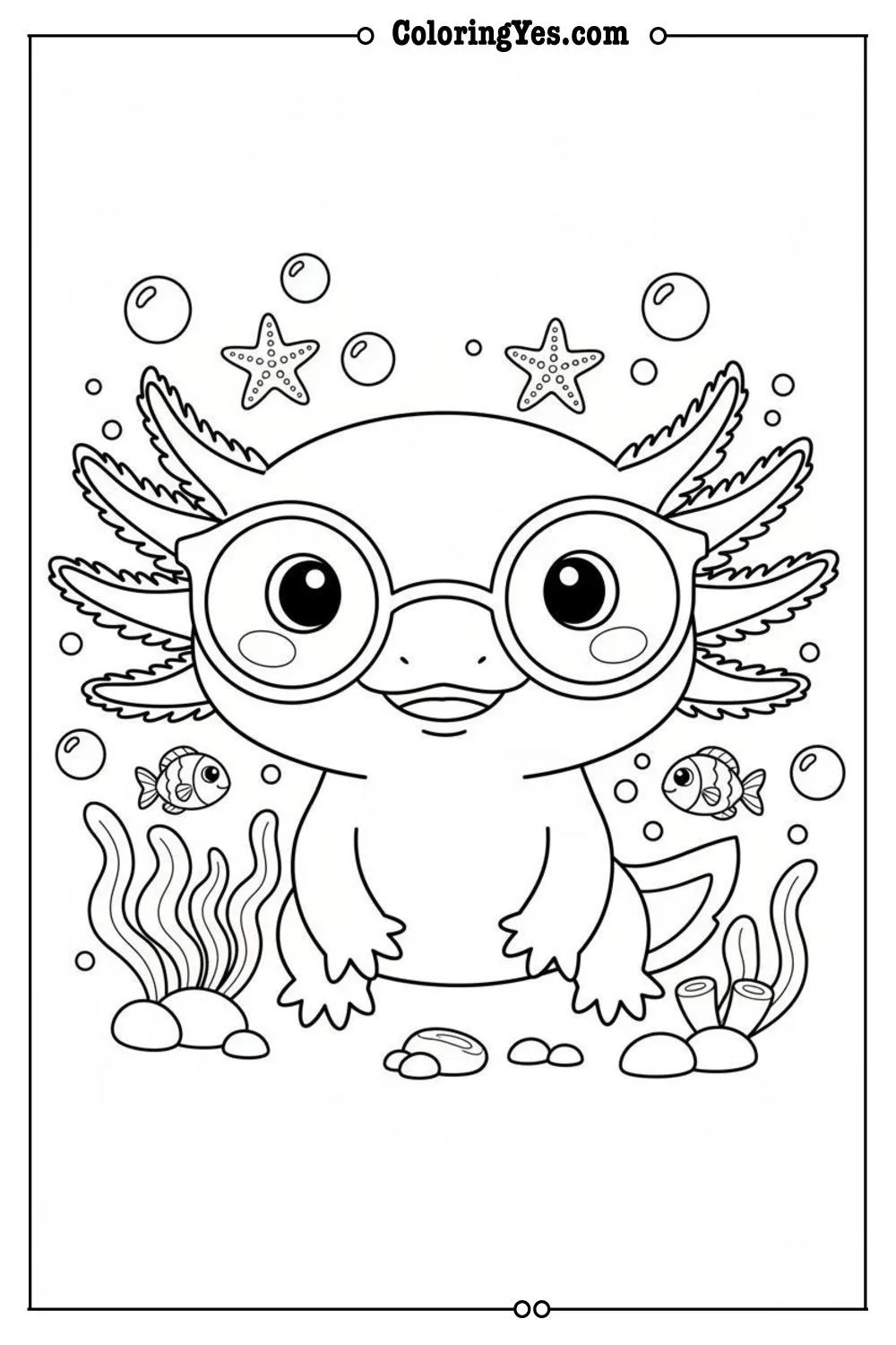 Cute axolotl wearing glasses coloring sheets-axolotl book coloring-Coloringyes.com