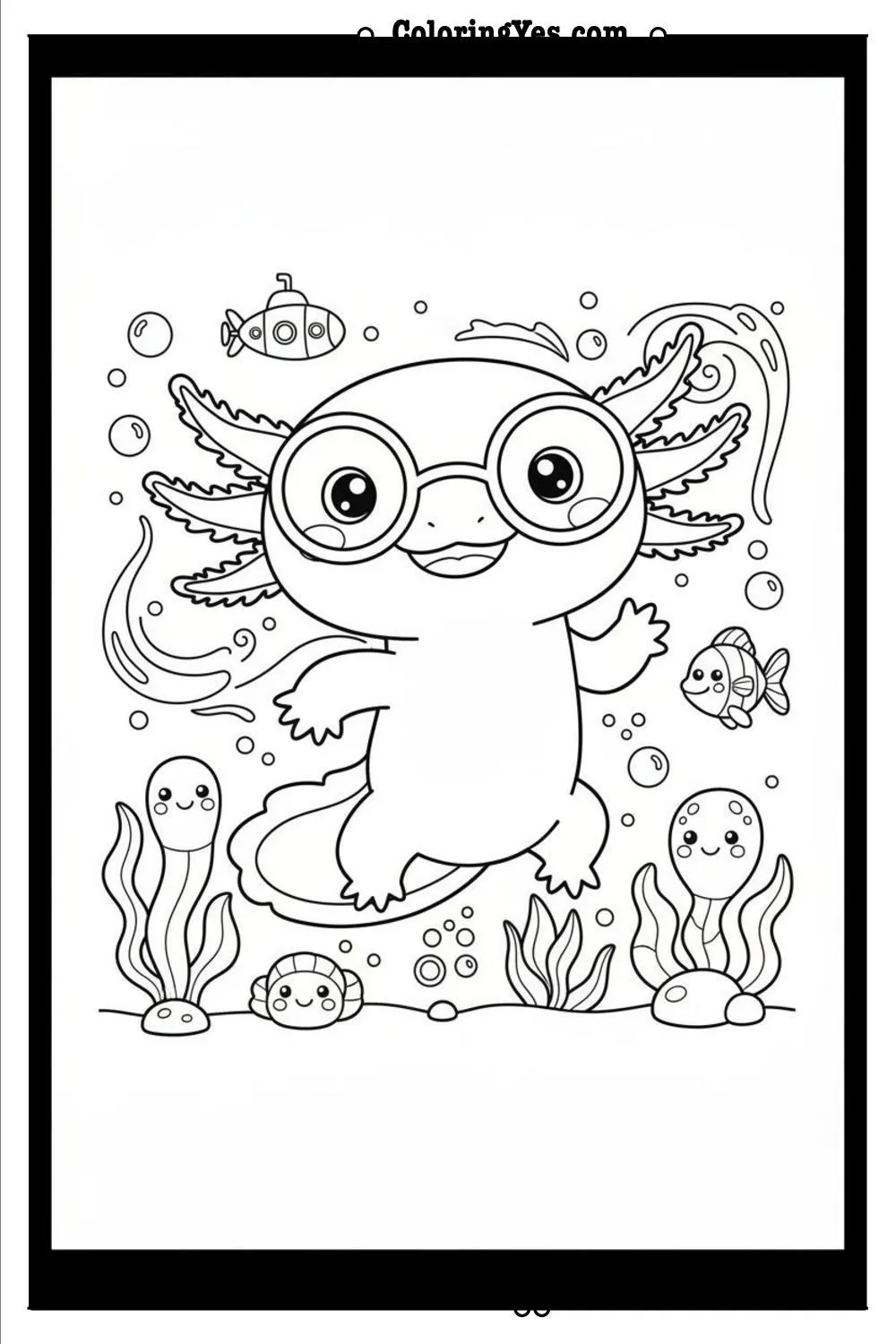 Cute axolotl wearing glasses coloring sheets-axolotl cartoon coloring-Coloringyes.com
