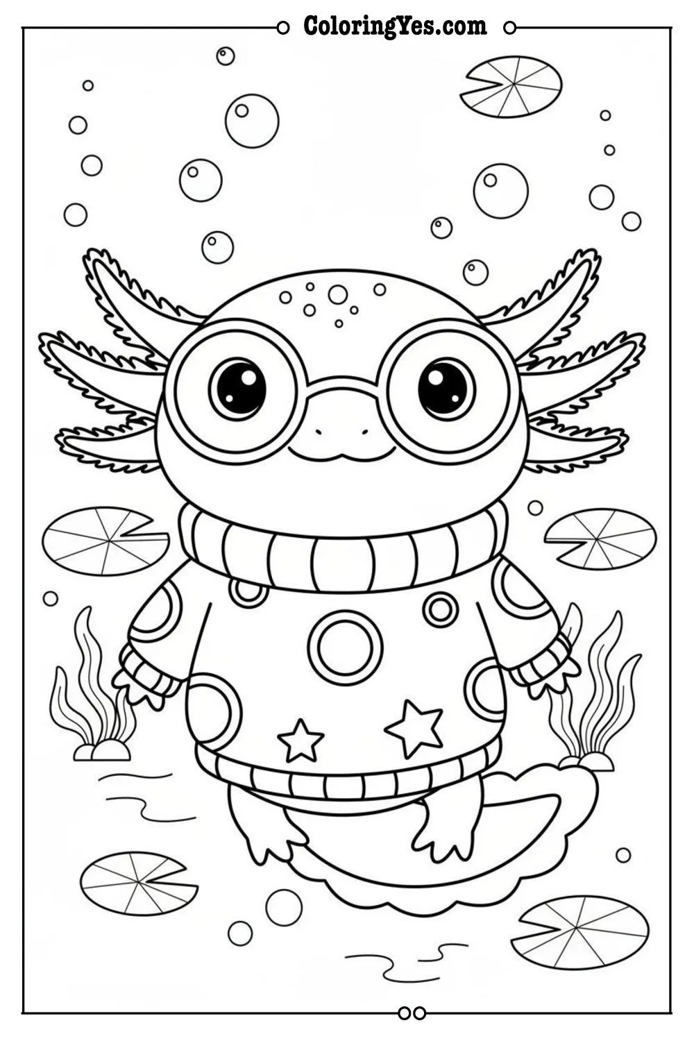 Cute axolotl wearing glasses coloring sheets-axolotl cute face coloring-Coloringyes.com