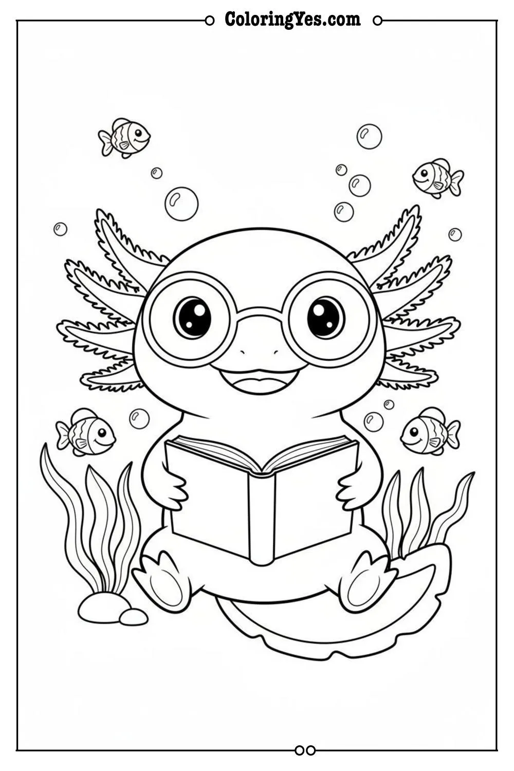 Cute axolotl wearing glasses coloring sheets-axolotl funny coloring-Coloringyes.com