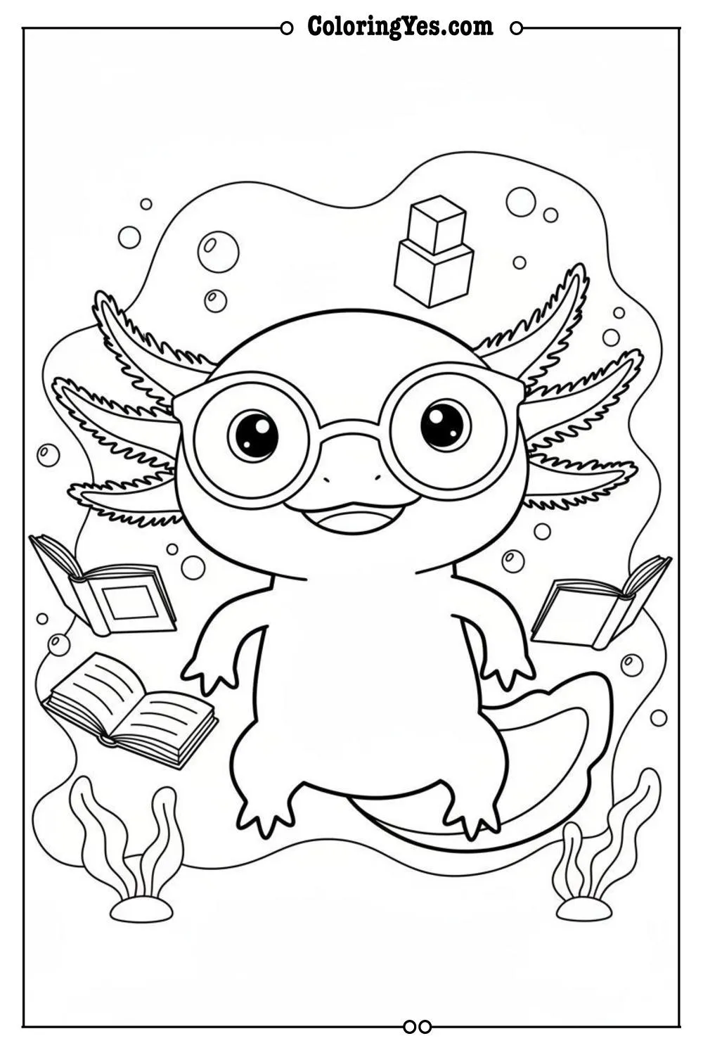 Cute axolotl wearing glasses coloring sheets-axolotl geek coloring-Coloringyes.com