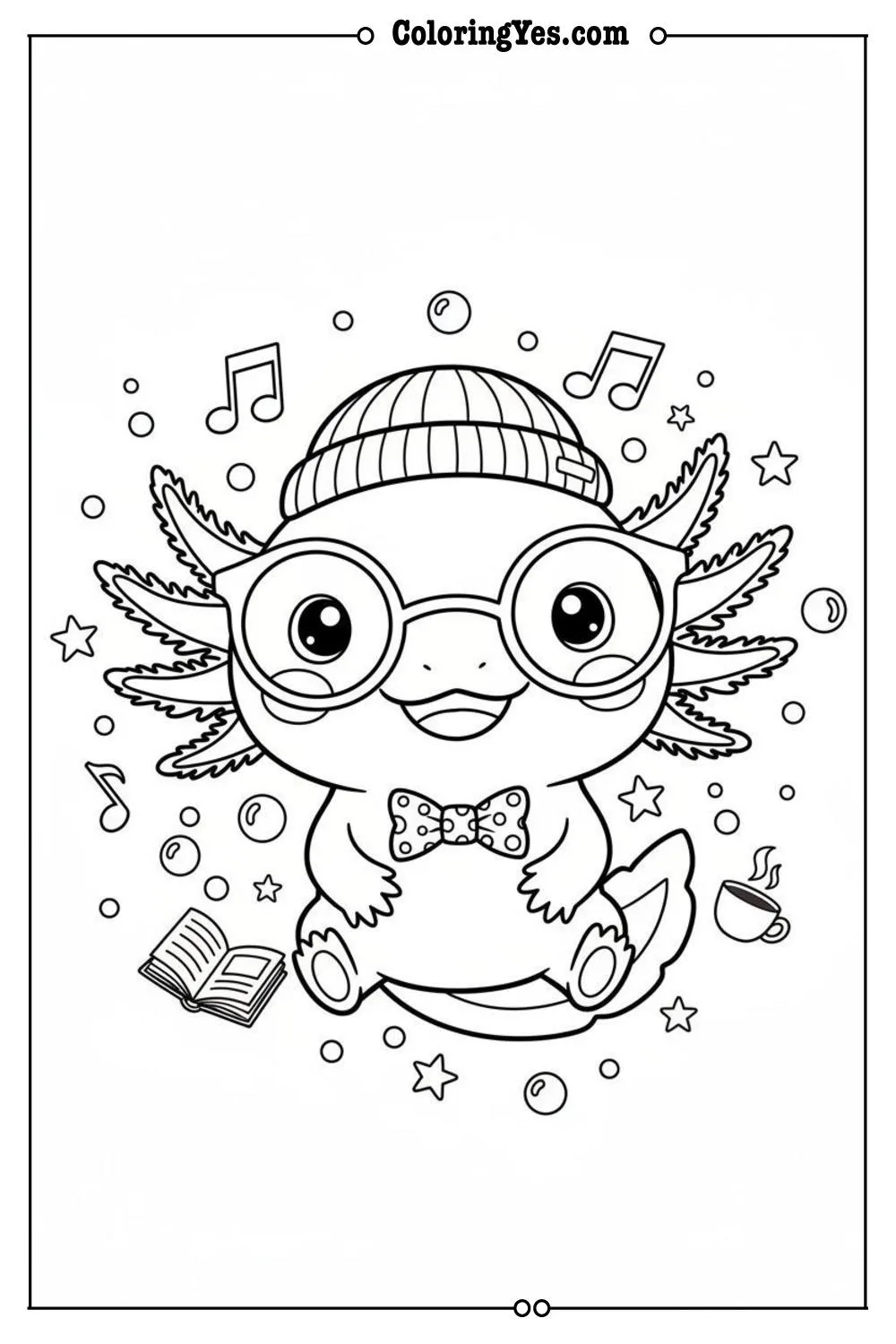 Cute axolotl wearing glasses coloring sheets-axolotl hipster coloring-Coloringyes.com