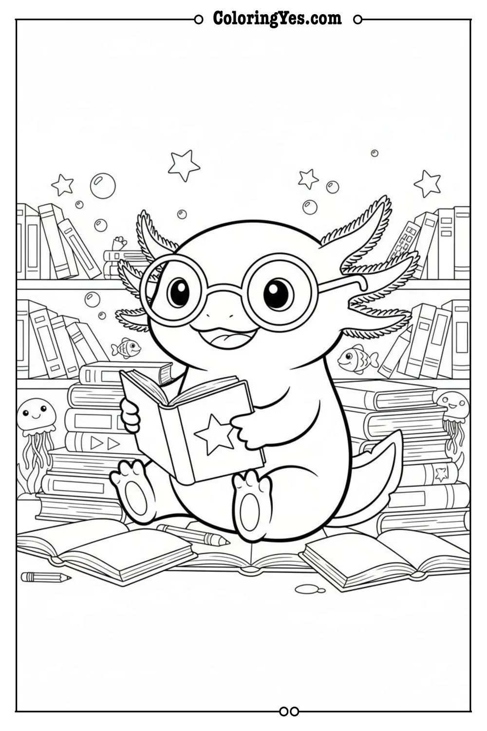 Cute axolotl wearing glasses coloring sheets-axolotl library coloring-Coloringyes.com