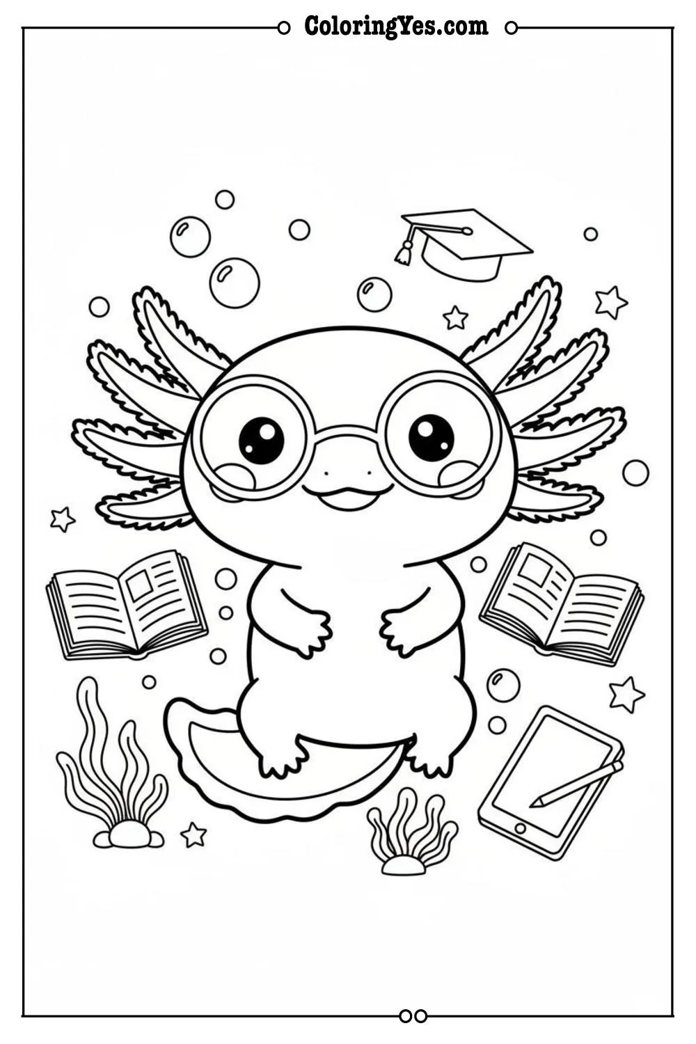 Cute axolotl wearing glasses coloring sheets-axolotl nerd coloring-Coloringyes.com