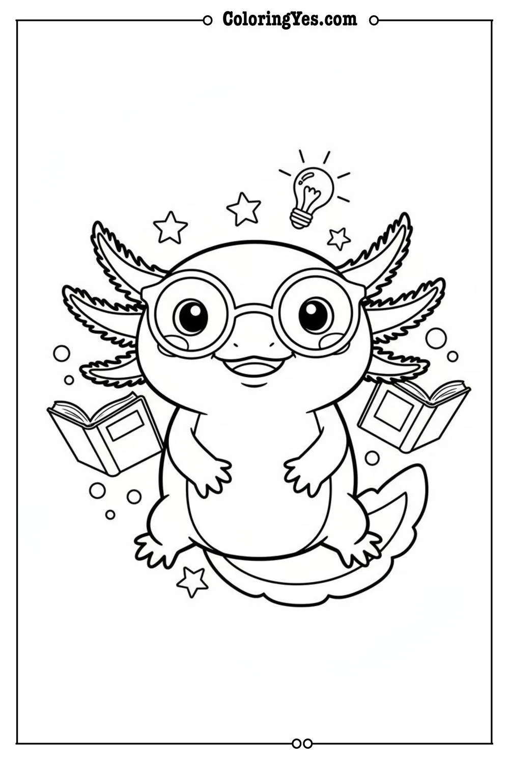 Cute axolotl wearing glasses coloring sheets-axolotl smart coloring-Coloringyes.com