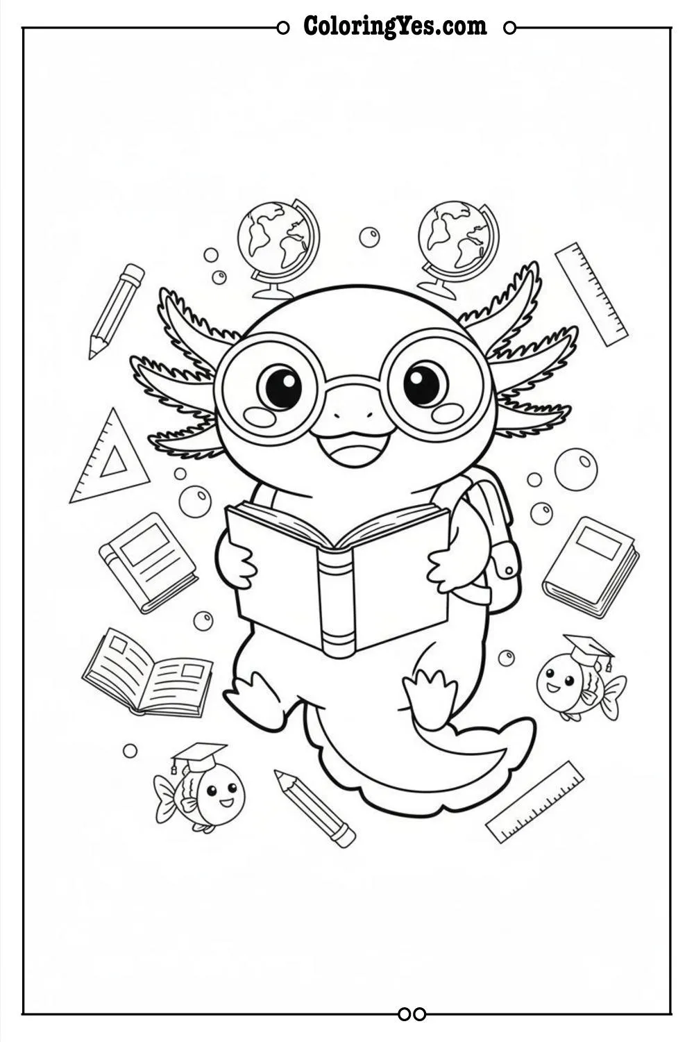 Cute axolotl wearing glasses coloring sheets-axolotl student coloring-Coloringyes.com