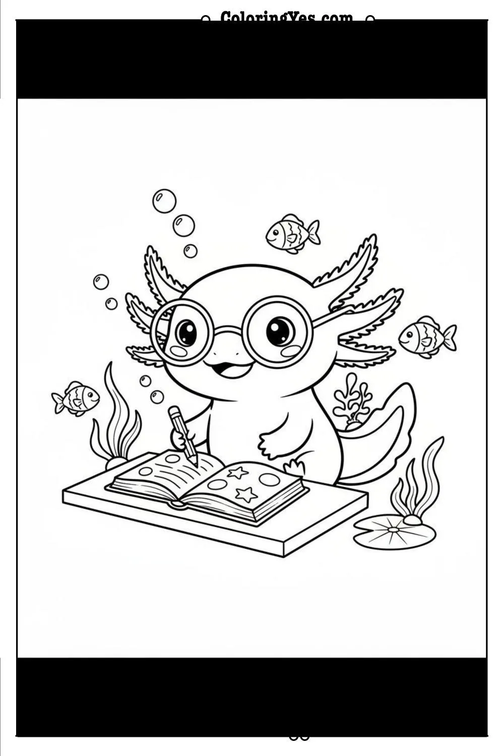 Cute axolotl wearing glasses coloring sheets-axolotl study coloring-Coloringyes.com