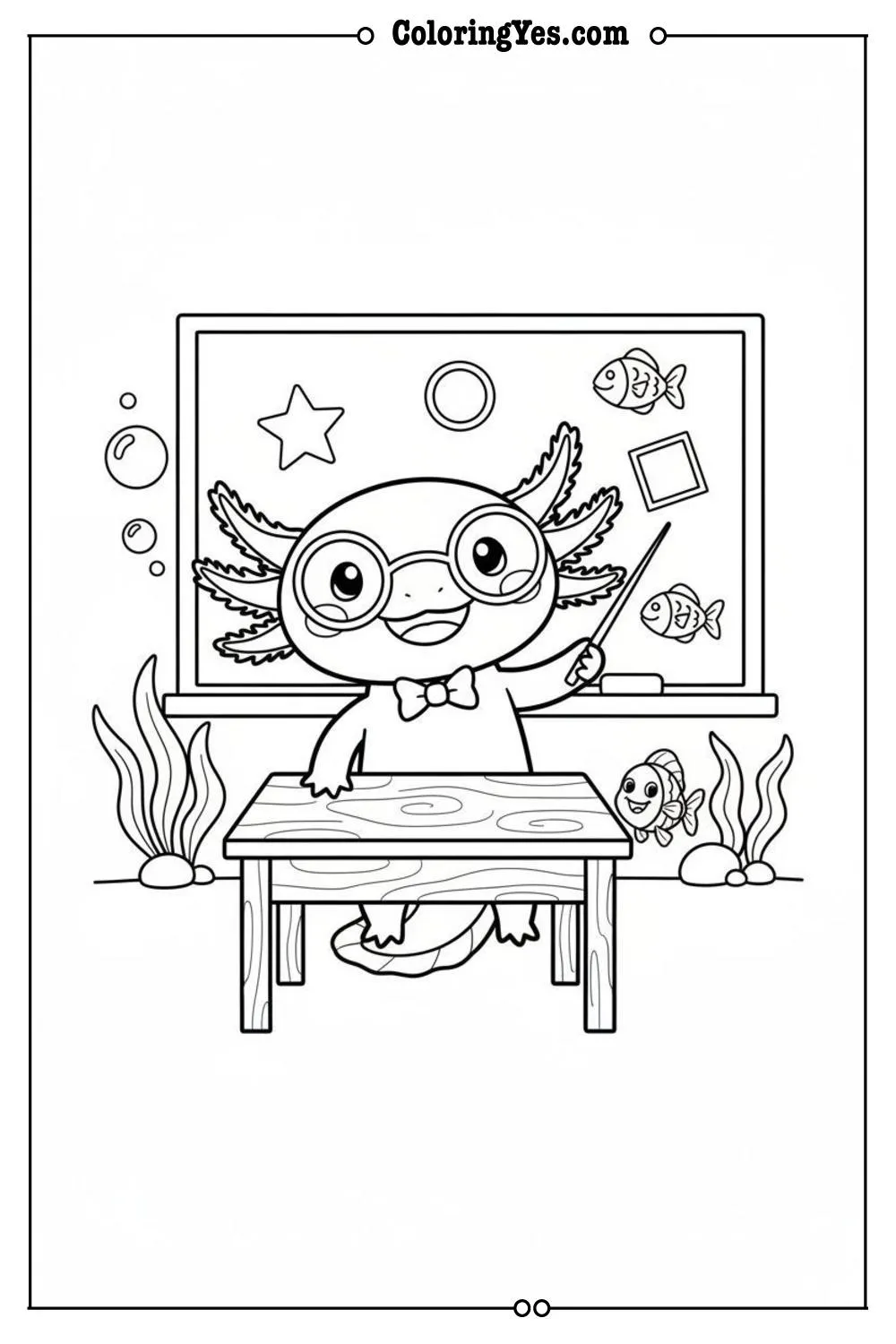 Cute axolotl wearing glasses coloring sheets-axolotl teacher coloring-Coloringyes.com