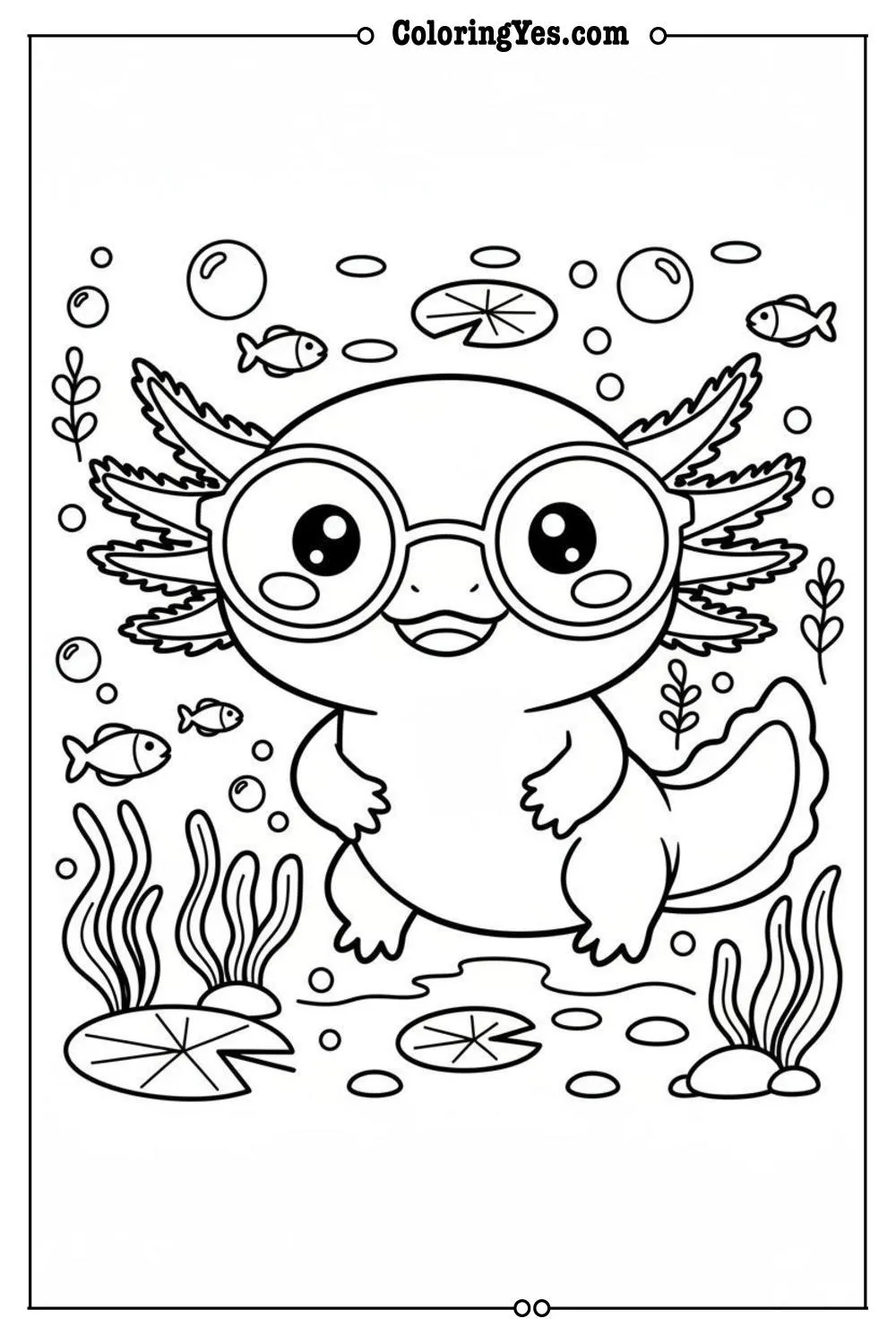 Cute axolotl wearing glasses coloring sheets-kawaii axolotl coloring-Coloringyes.com