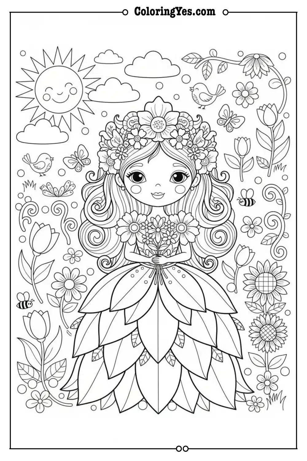 Flower Princess coloring pages-flower princess spring coloring-Coloringyes.com