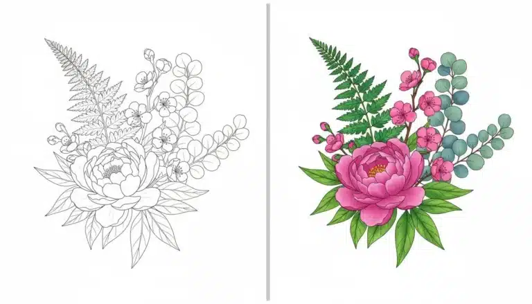 Minimalist botanical linework coloring pages-Coloringyes.com