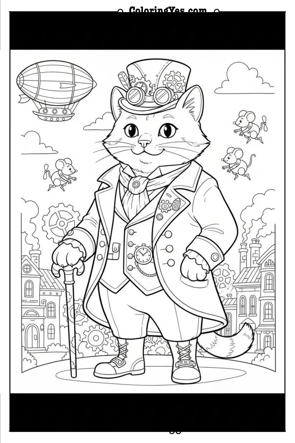 Victorian steampunk cat coloring pages-Victorian cat aristocrat coloring-Coloringyes.com