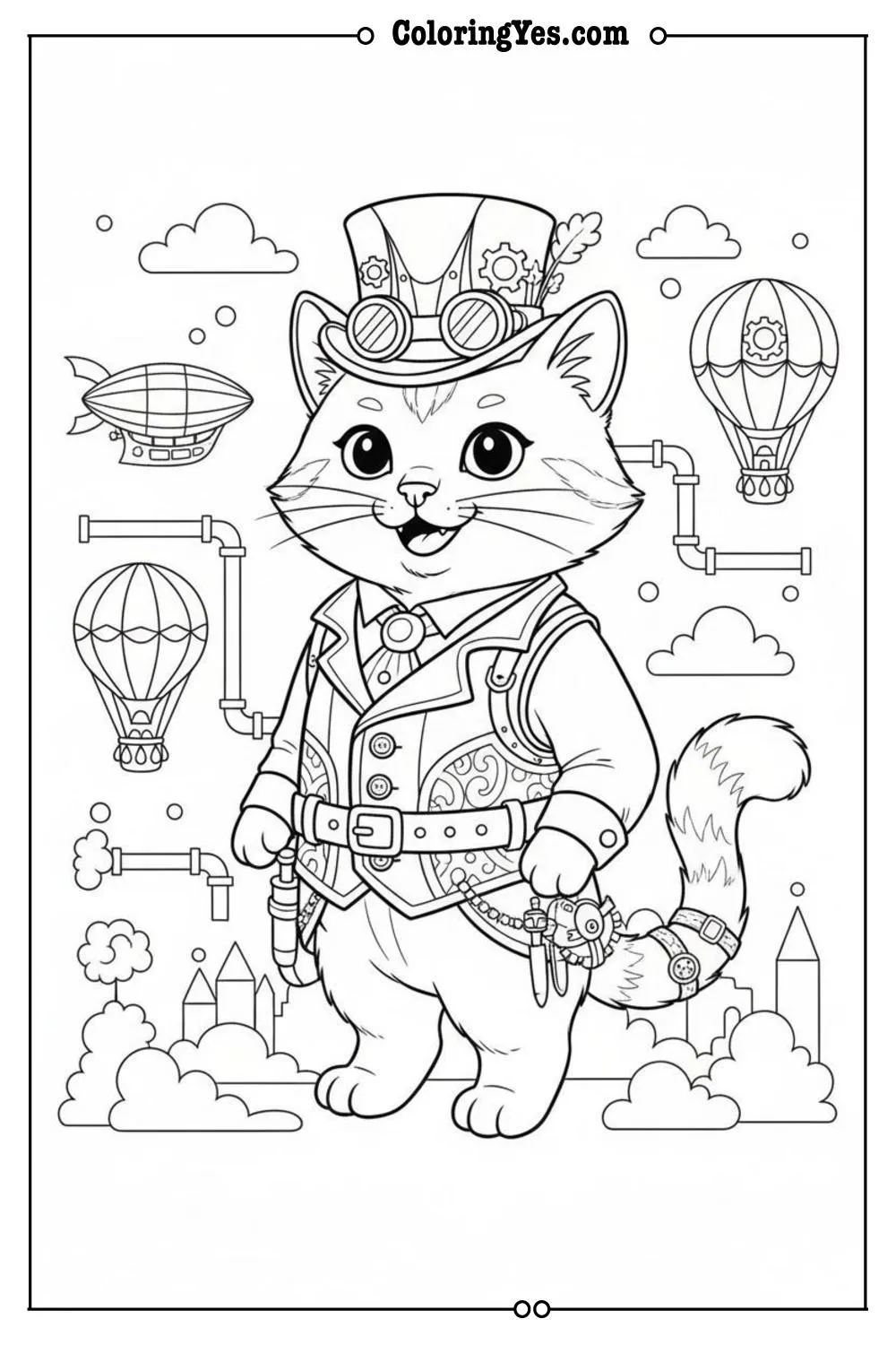Victorian steampunk cat coloring pages-Victorian cat corset coloring-Coloringyes.com