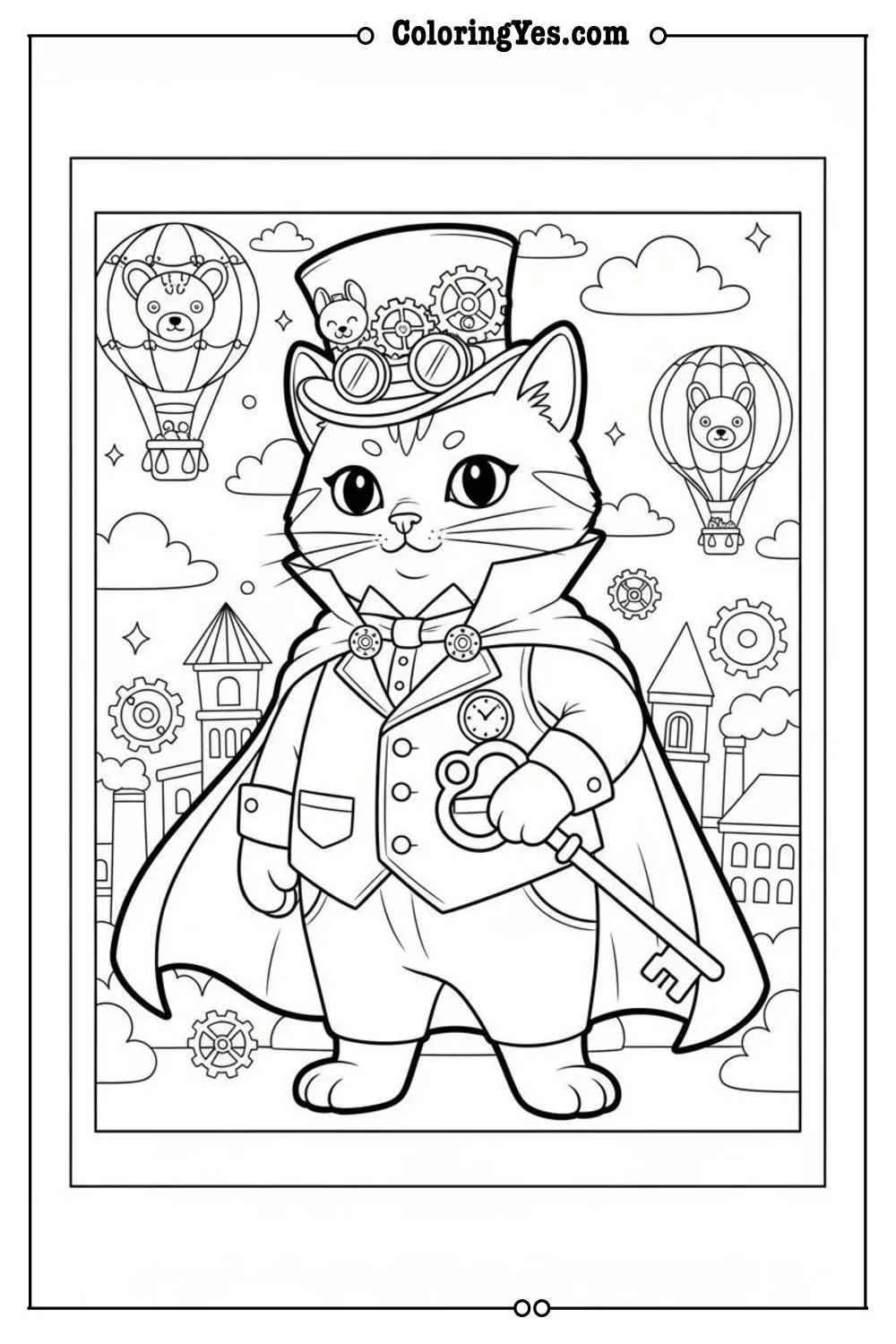 Victorian steampunk cat coloring pages-Victorian cat detailed coloring-Coloringyes.com
