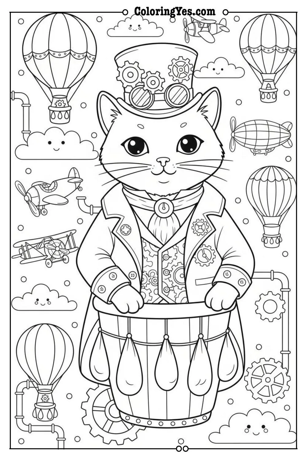 Victorian steampunk cat coloring pages-Victorian cat elegant coloring-Coloringyes.com