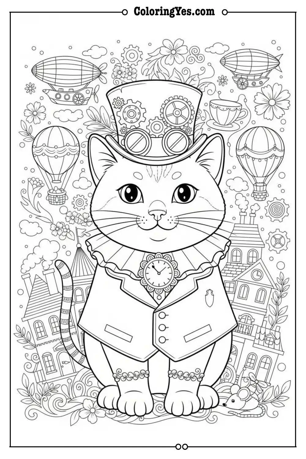 Victorian steampunk cat coloring pages-Victorian cat fancy coloring-Coloringyes.com