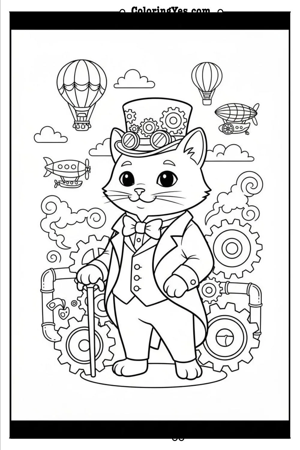 Victorian steampunk cat coloring pages-Victorian cat gentleman coloring-Coloringyes.com