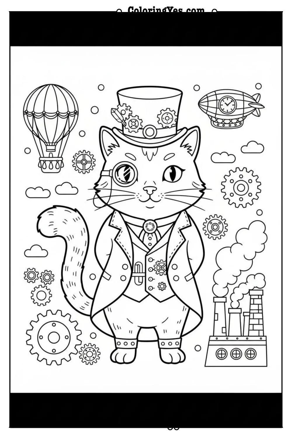 Victorian steampunk cat coloring pages-Victorian cat monocle coloring-Coloringyes.com