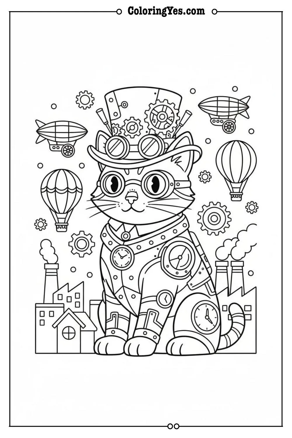 Victorian steampunk cat coloring pages-Victorian cat top hat coloring-Coloringyes.com