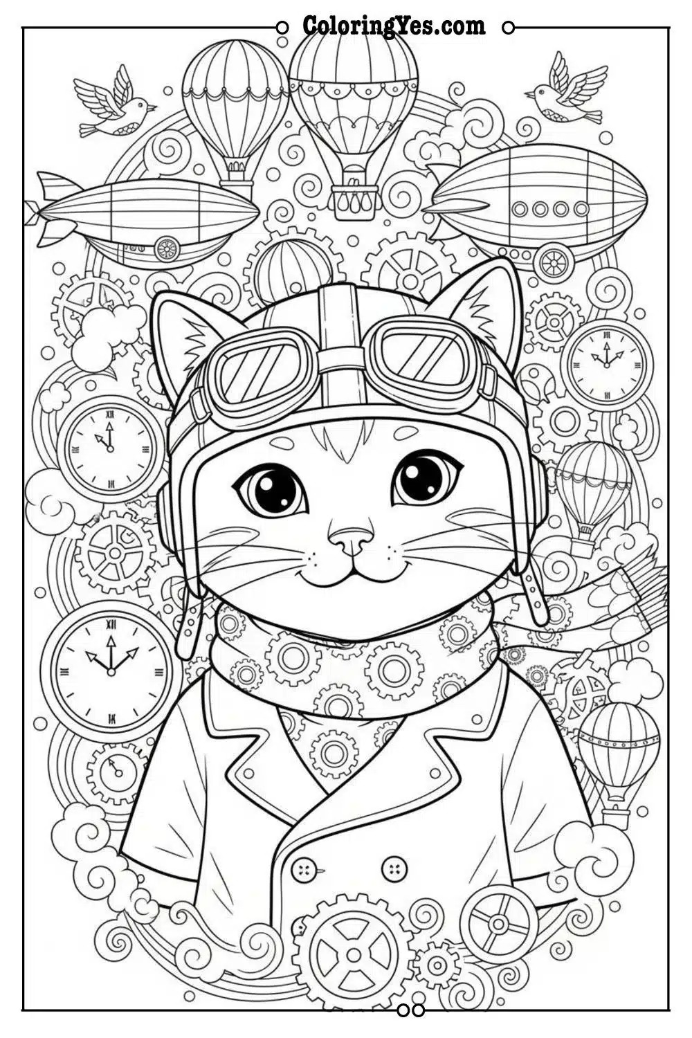 Victorian steampunk cat coloring pages-steampunk cat aviator coloring-Coloringyes.com