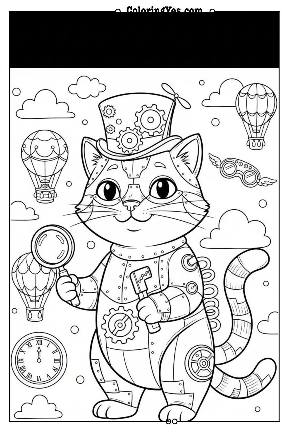 Victorian steampunk cat coloring pages-steampunk cat clockwork coloring-Coloringyes.com