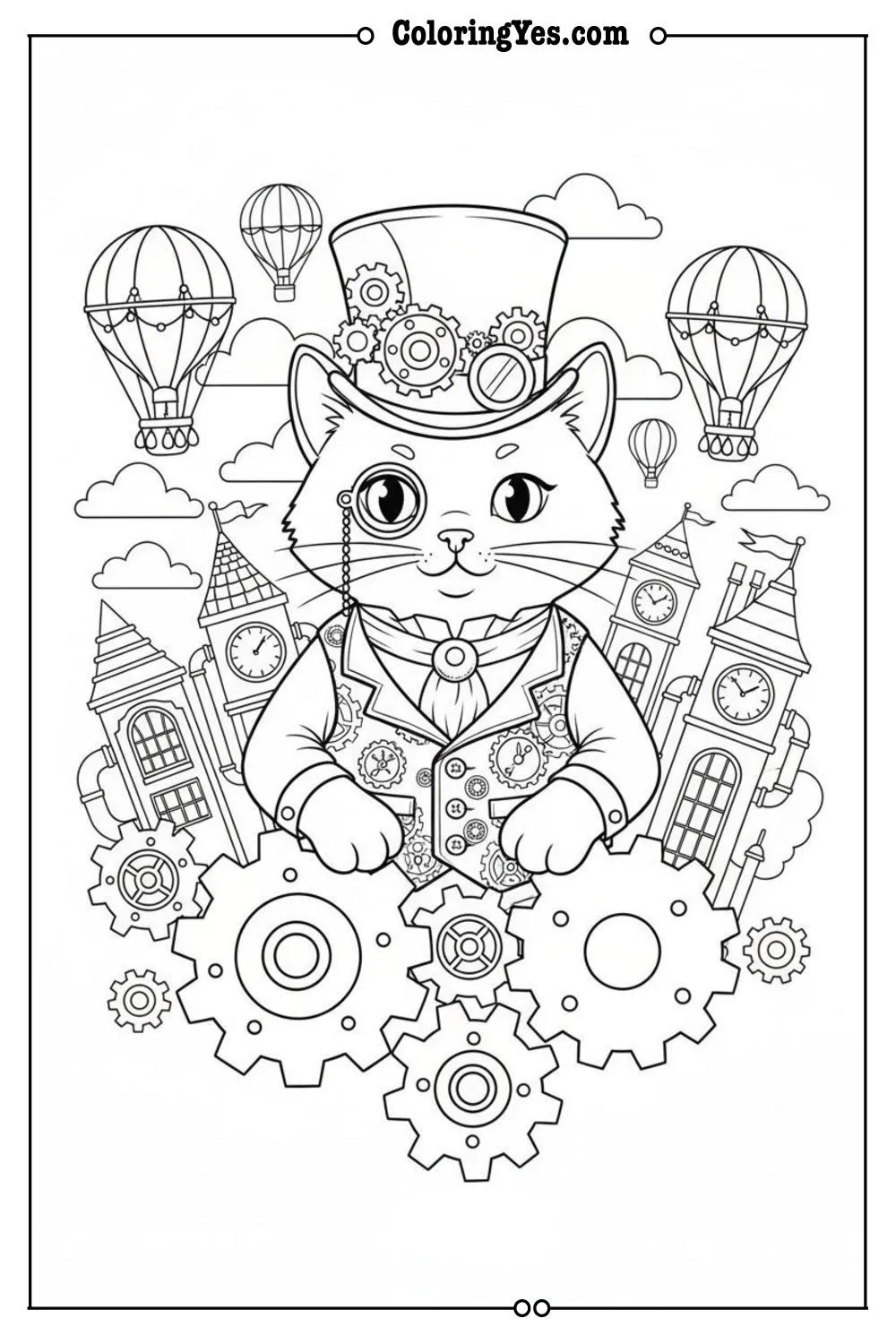 Victorian steampunk cat coloring pages-steampunk cat cogs coloring-Coloringyes.com